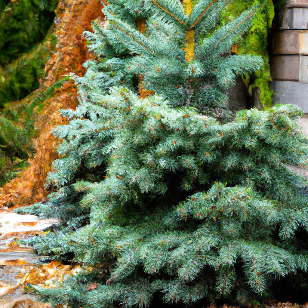 The Fat Albert Spruce creates a stunning backdrop with its graceful branches and rich green foliage.