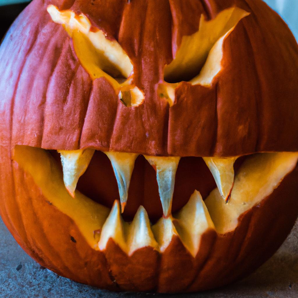A vampire pumpkin with sharp fangs and an intense expression