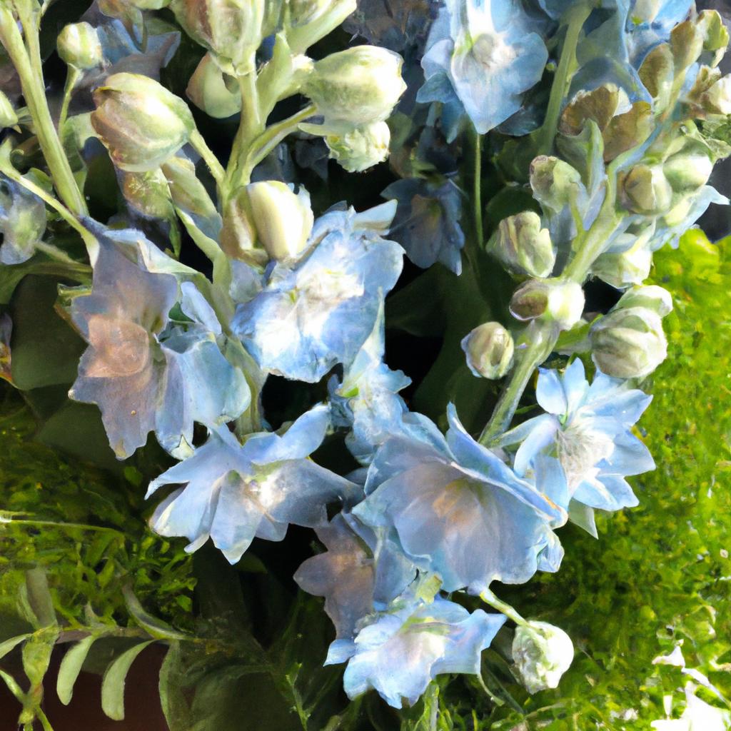 The combination of light blue delphiniums and fresh foliage creates a visually captivating floral arrangement.