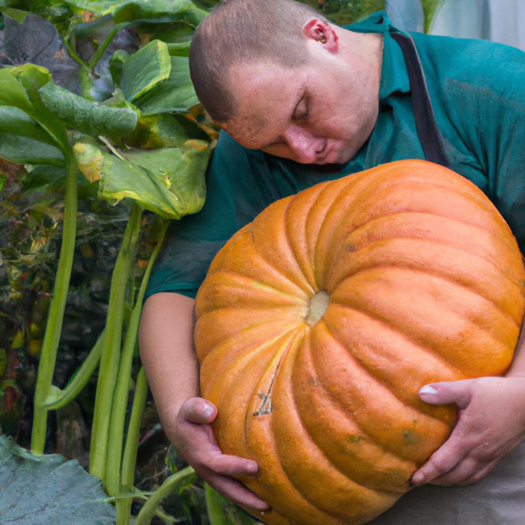 The fruits of labor: a gardener cherishes the result of nurturing an Atlantic Giant Pumpkin.