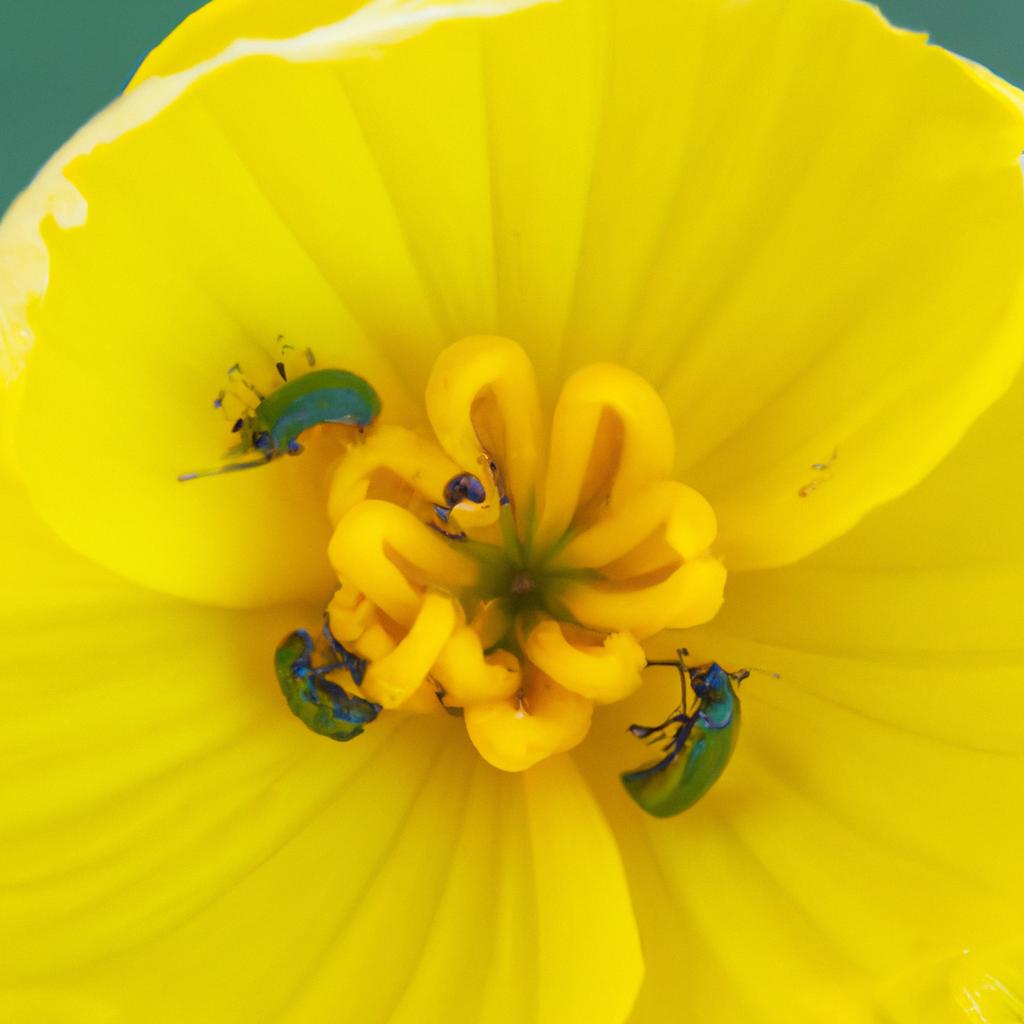 Vibrant yellow flower hosting tiny yellow bugs