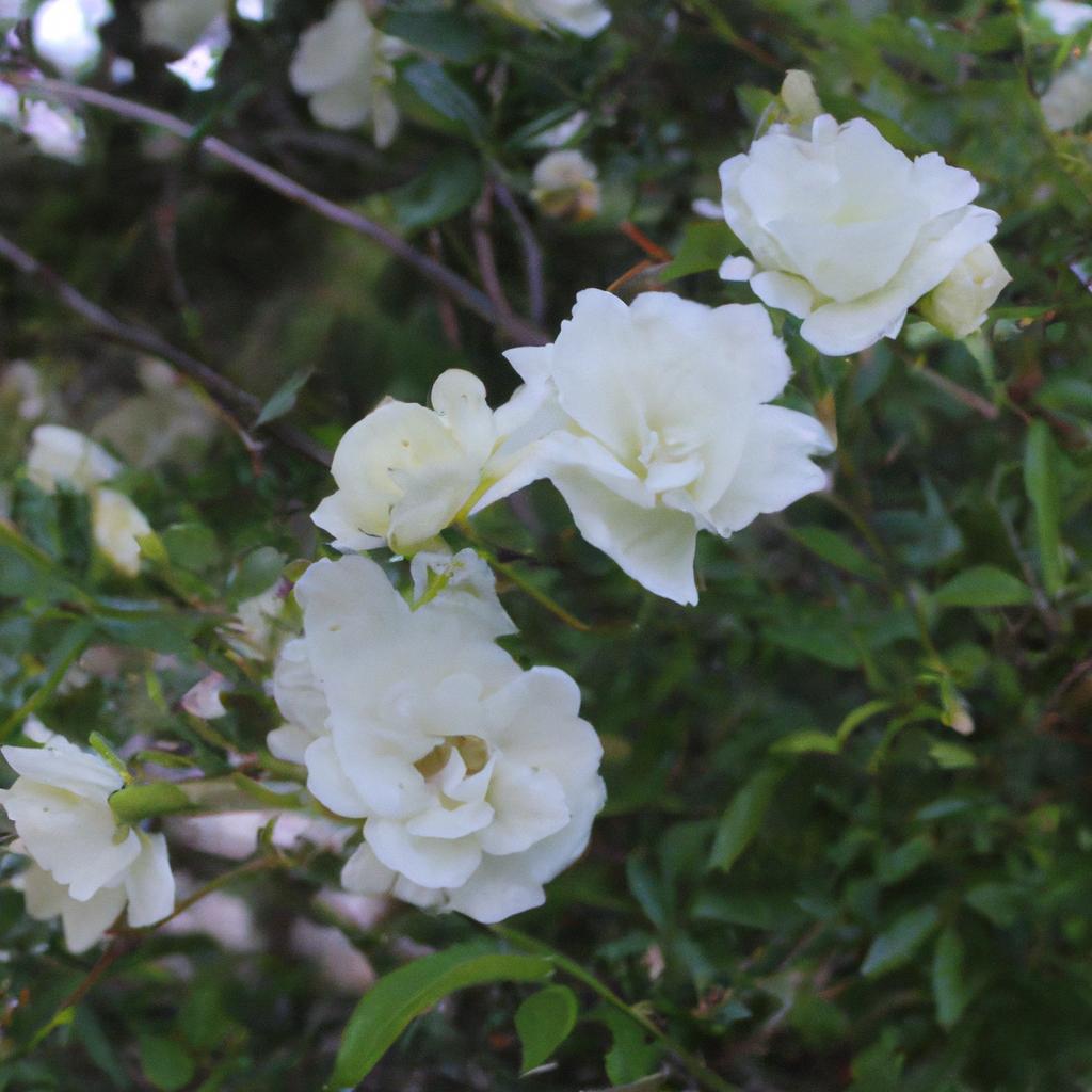 A stunning display of white drift roses amidst a vibrant garden.