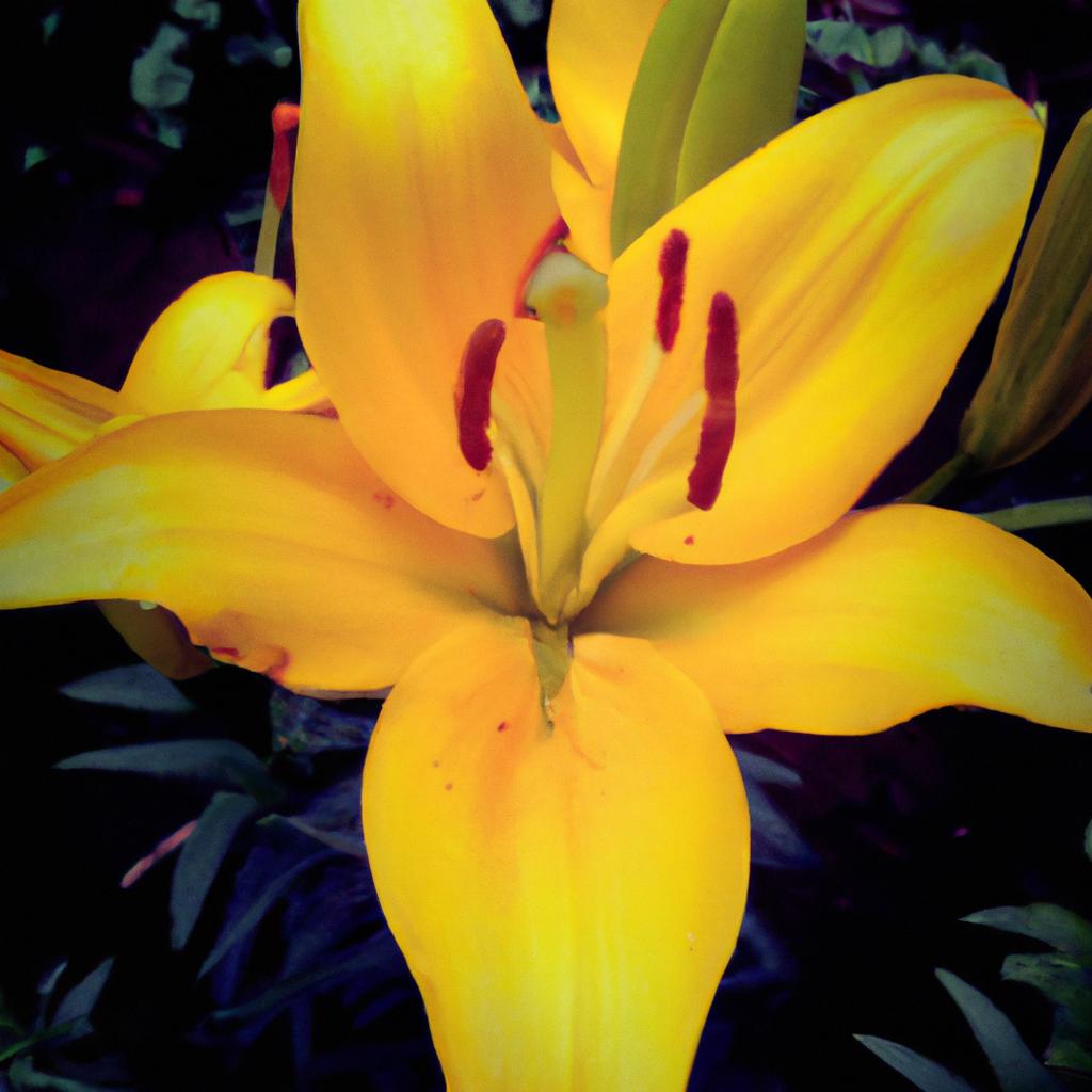 Captured in full bloom, this yellow lily flower captivates with its delicate petals and vibrant hue.